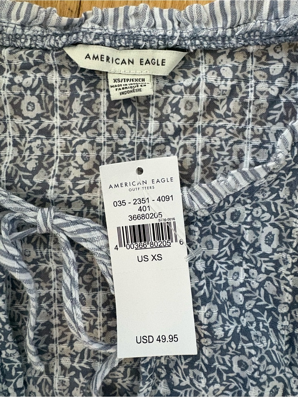 American Eagle NWT Mixed Floral Boho Peasant Blouse Top Blue Balloon Sleeve XS - Picture 3 of 7